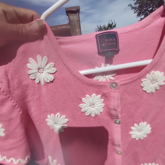 VTG color works silk button down cardigan short sleeve small silk spandex - Picture 2 of 11